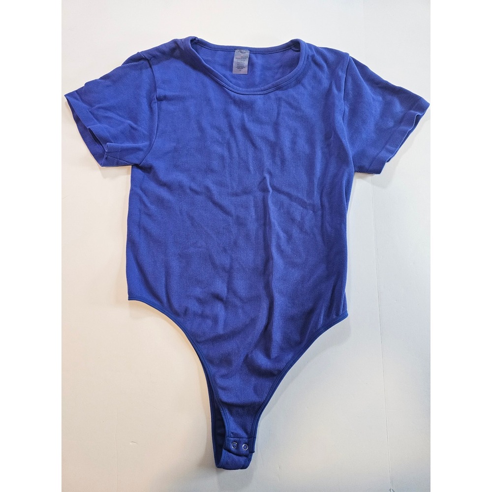 Ribbed Bodysuit Women 1X Blue Short Sleeve Crew Neck Stretch